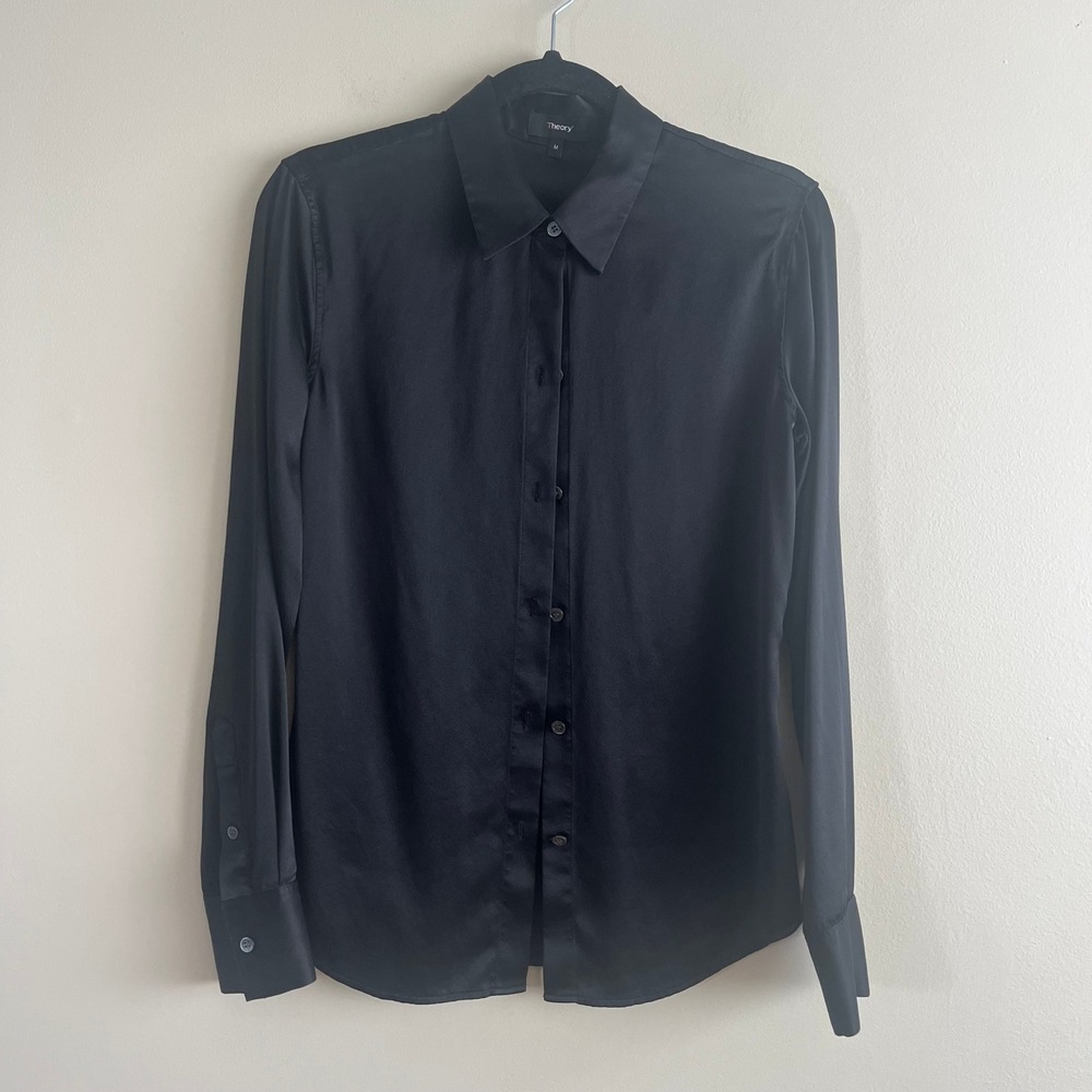 Theory Perfect Fitted Stretch Silk Satin Blouse M Black Long Sleeve Office Siren